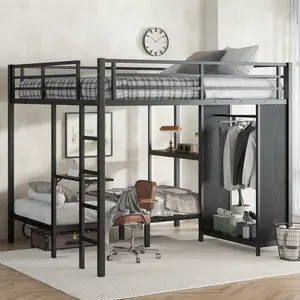 [SOIYELIFE] King over Twin XL Size Bunk Bed Frame with Built-in Wardrobe, Metal Bunk Bed with Foldable Desk and, Black,Unique furniture