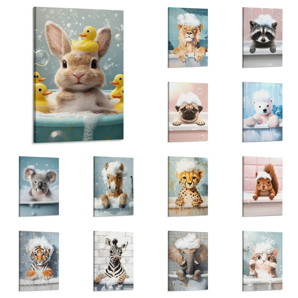 Cute Bubble Bath Animal Canvas Wall Art  | Cozy Bathroom Decor Prints (Cat Dog Rabbit Squirrel Koala Raccoon) | Nordic Modern Home Decor | TikTok Viral Wall Art | Gift Idea for Bathroom & Bedroom