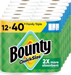Bounty Quick-Size Paper Towels, White, 12 Family Triple = 40 Regular Rolls