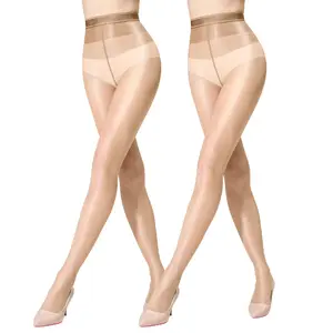 WiliW 2 Pairs Women's Shiny Tights Ultra Sheer Shimmer Pantyhose 30D Light Brown High Waist Oil Glossy Dance Jazz Stockings