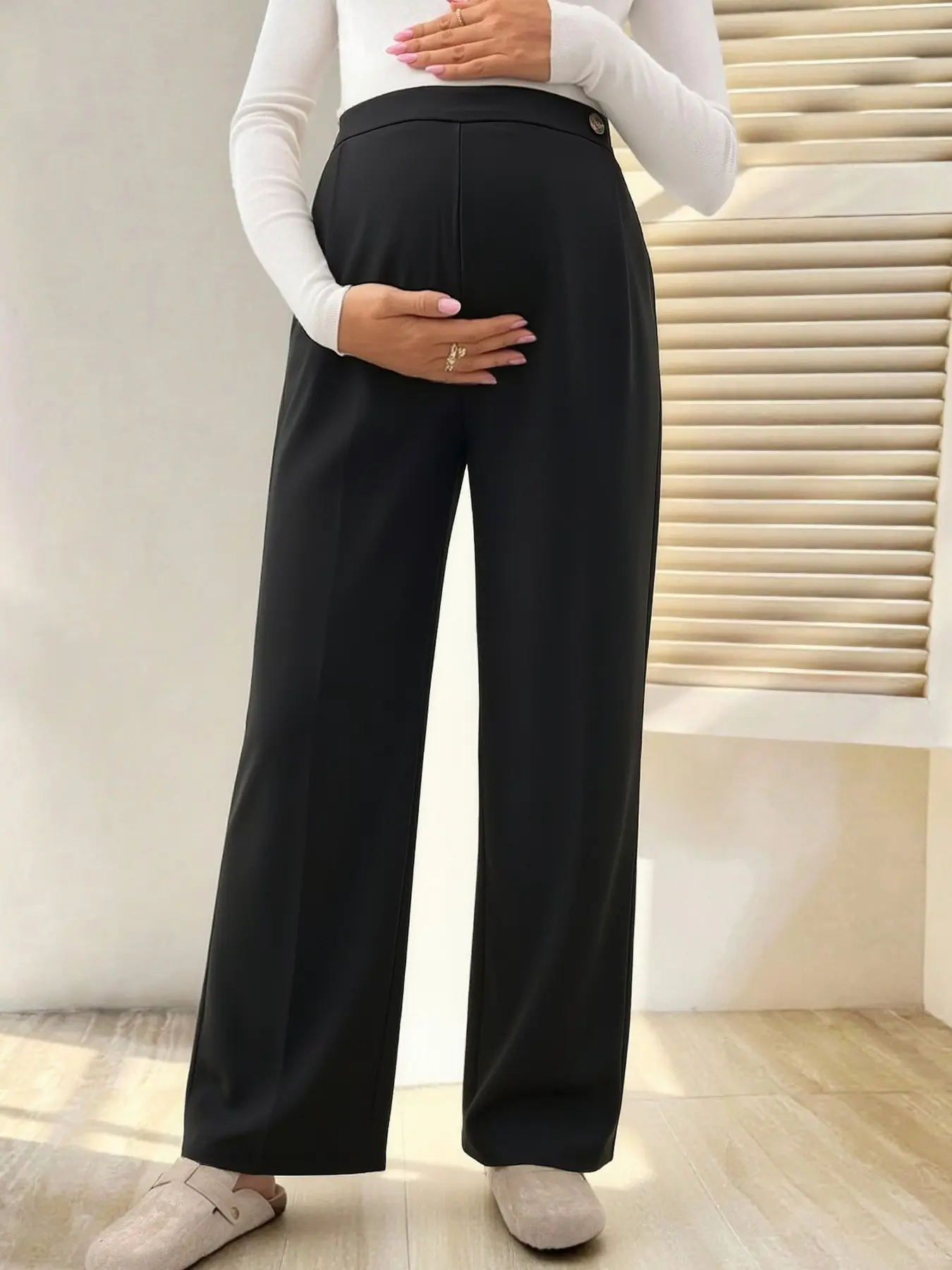 Women's Plain Loose-Fit Pregnancy Pants, Casual Comfortable Suit Long Pants, Wide Leg with Pockets, Fashion Versatile, Daily Office Wear Maternity Clothes, Maternity Apparel, Maternity Clothing