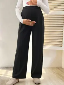 Women's Plain Loose-Fit Pregnancy Pants, Casual Comfortable Suit Long Pants, Wide Leg with Pockets, Fashion Versatile, Daily Office Wear