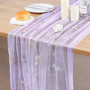 BINBE 3pcs Purple Florals Table Runner Embroidery Gauze 10FT Daisy Seasonal Tulle Birthday Wedding Holiday Kitchen Dining Table Decor for Home Party