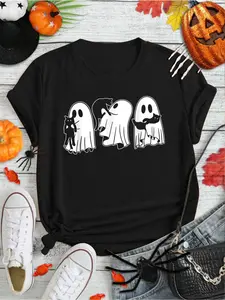 100% Cotton Ghost Holding Black Cat Funny Halloween Cat Lovers Women Tee T-Shirt Print Round Neck Short Sleeve Streetwear Fashion Breathable Homme Soft Unisex Designer Clothes For Women Casual Clothes