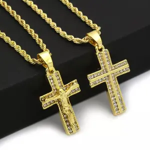 14k Gold Plated 2 pcs Combo of Cross Pendant Cubic Zirconia 24"/30" Rope Chain