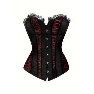 Vintage Lace Waist Belt Corset - Black with Red Pattern, Front Zipper and Adjustable Side Buckle, Non-Stretch Fabric Women's Shapewear and Fashion Accessories, Tummy Control Waist Cincher, Vintage Style, Structured Slimming