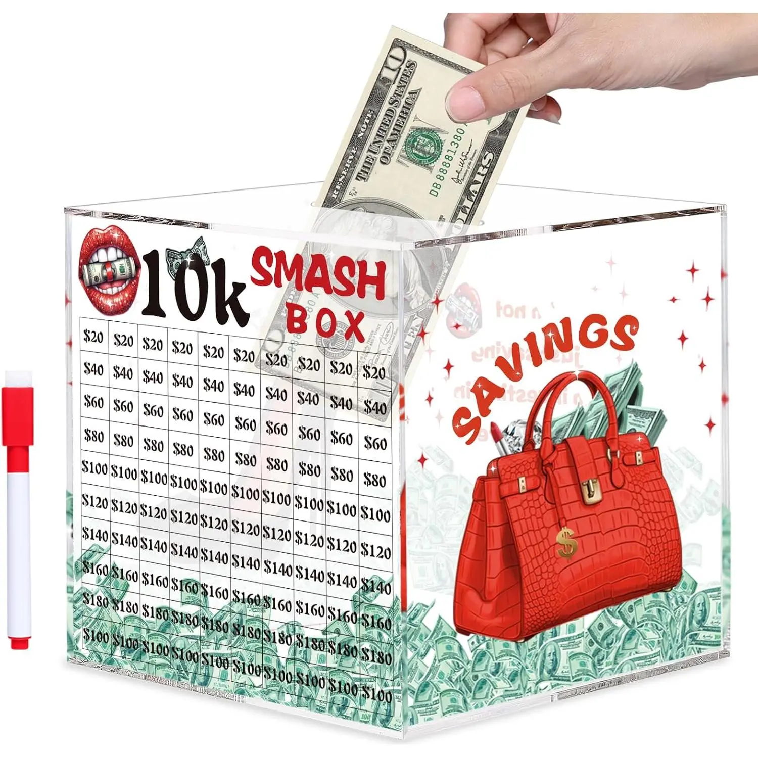 10k Smash Box for Money, Large Piggy Bank for Adults 10000 Savings Challenge Box, Money Saving Box for Cash, Big Unbreakable Clear Acrylic Money Saver Must Break to Open