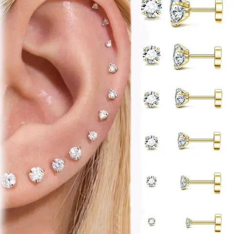 Multiple Sizes Cubic Zirconia Decor Ear Studs, Stainless Steel Ear Cartilage Piercing Jewelry for Women, Body Piercing Jewelry for Party, Daily Wear Jewelry, Funky Jewelry, Fashion Body Jewelry, Rhinestone Embellishments
