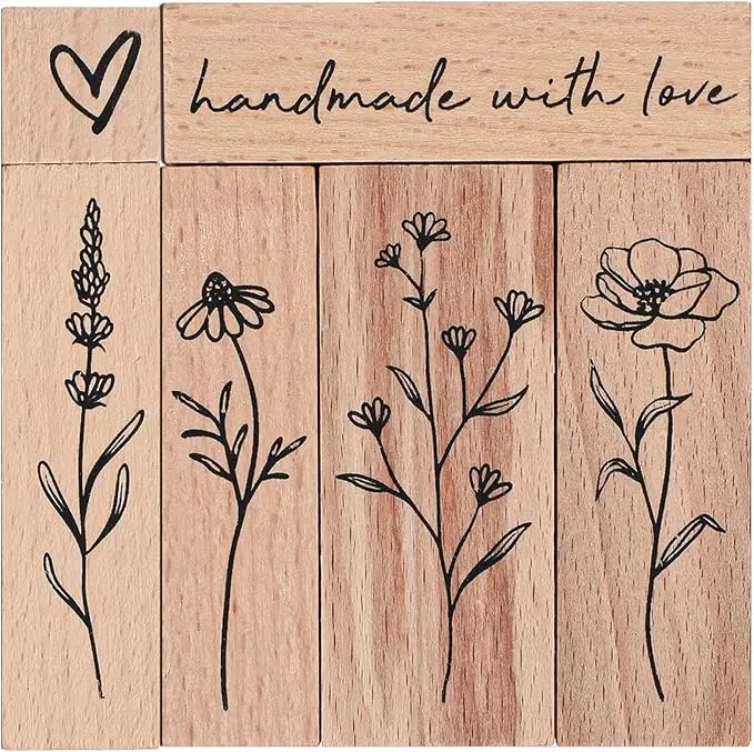 6Pcs Wooden Rubber Stamp Set, Vintage Rubber Stamps for Crafting, Heart, Plant Flowers, Handmade with Love Journal Stamps for Arts & Crafts, Stationary, Scrapbooking, School Projects, Journals