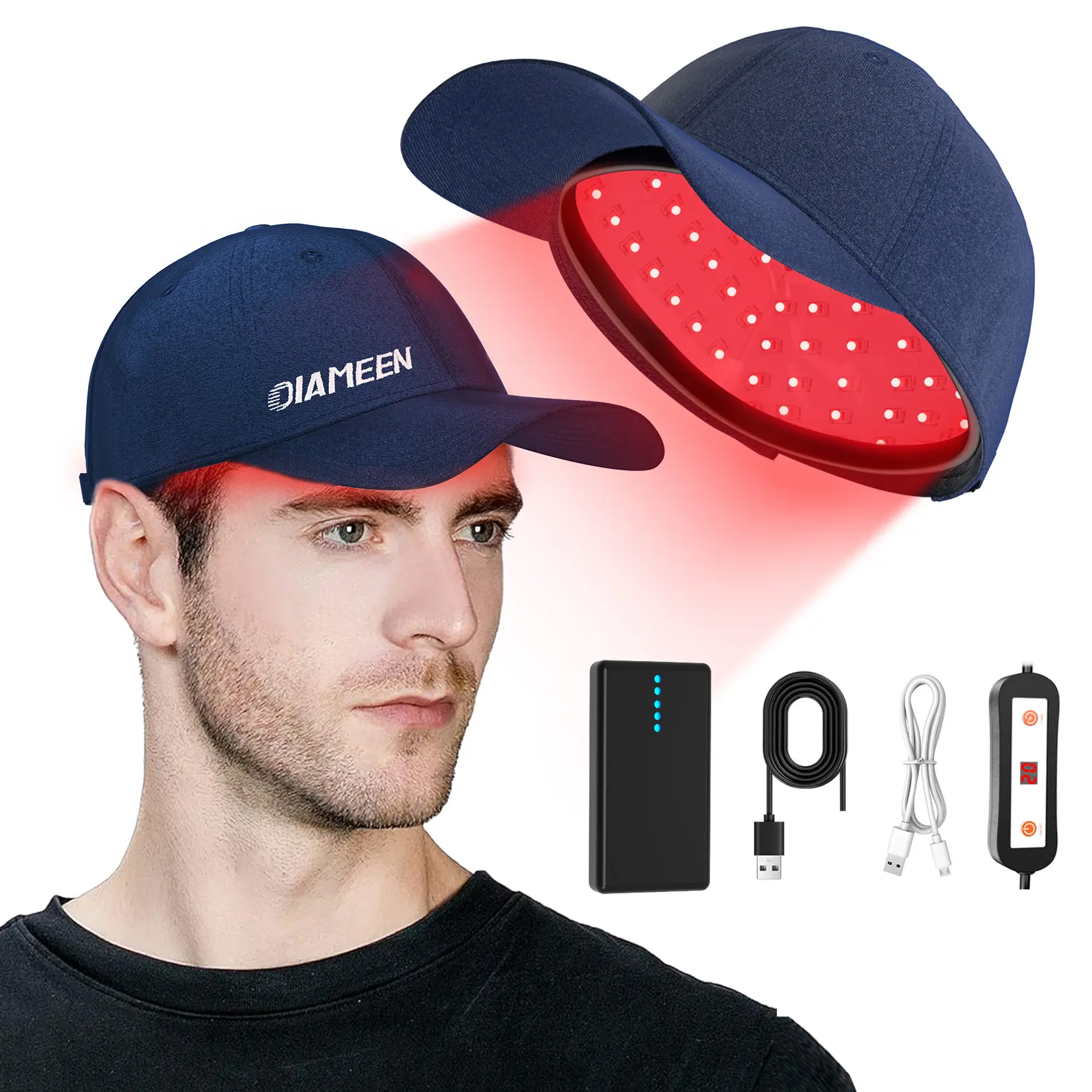 Oiameen Laser Hair Growth Cap - 650nm LLLT Red Light Hat with Rechargeable Battery, Pulse Mode & Timing, Laser Cap for Men & Women with Thinning Hair, Hair Loss, Alopecia