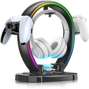 RGB Headphone & Controller Stand with 9 Light Modes - Foldable Controller Hanger for Desk - Earphone Stand with  Organizer - for Gamers Desktop Accessories