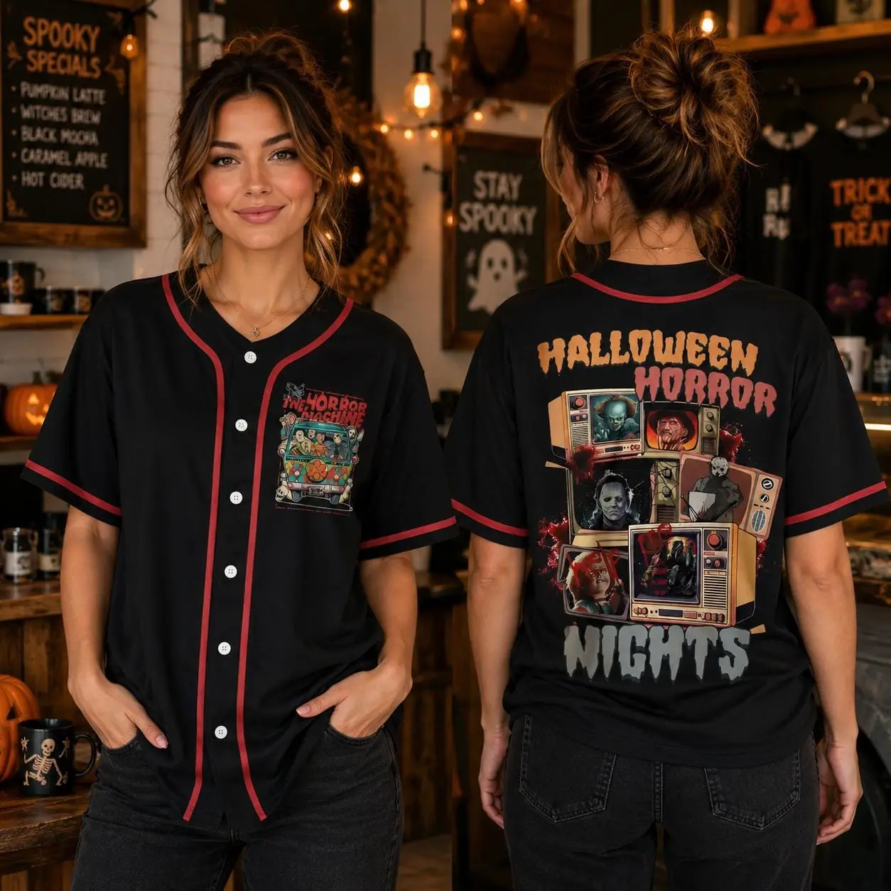 Halloween Horror Movie Baseball Jersey, Retro Scary Film Shirt, Spooky Season Button Up, Horror Fan Gift, Halloween Party Outfit