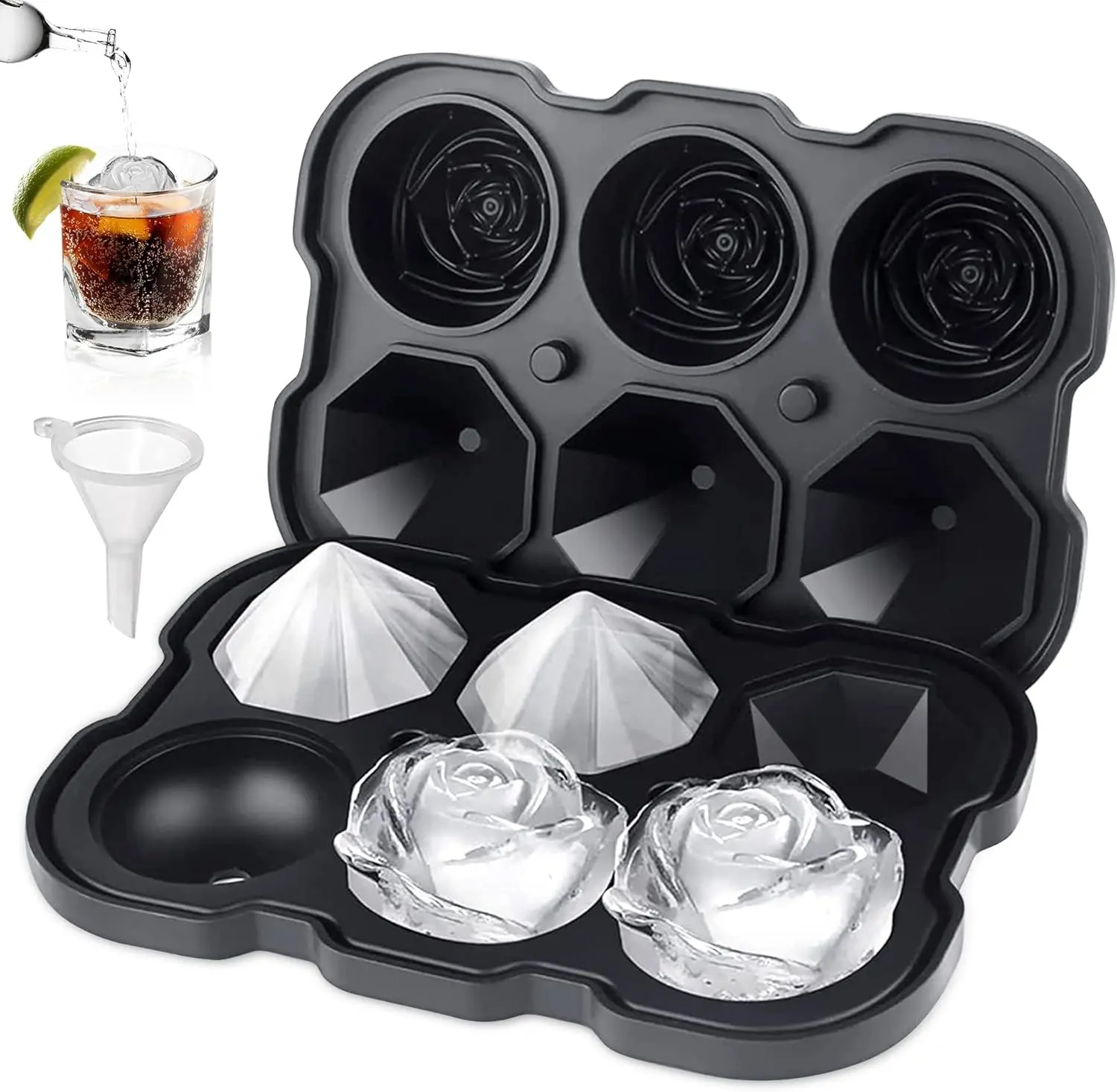 Large Rose Diamond Silicone Ice Cube Tray, 6 Cavity Big Ice Ball Maker, Food Grade Ice Mold for Bourbon Cocktail Cold Coffee Bar Party