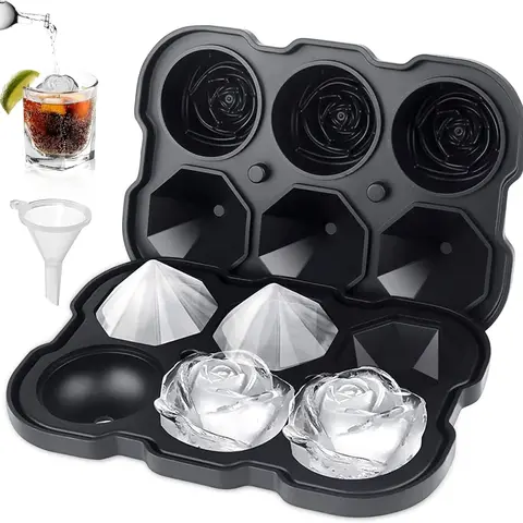 Food Grade Rose Shape Diamond Cut 6-Cavity Silicone Ice Ball Mold Tray - Reusable, Freezer-Safe Large Volume Kitchenware Bar Utensil for Bourbon Cocktails, Whiskey Ice Cubes Maker, Ideal for Bar or Party Enthusiasts