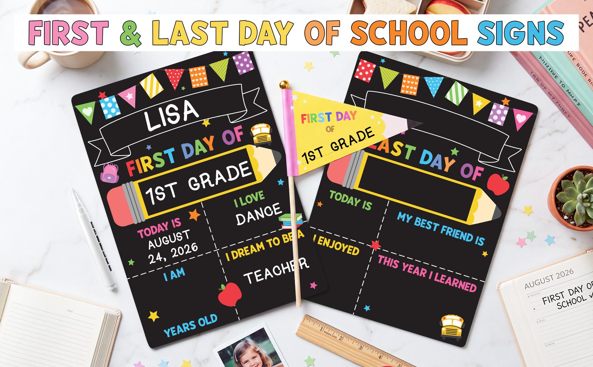 BEAWART First Day of School Black Sign Board, 10x14 Double-Sided First & Last Day Chalkboard Sign, Reusable Back to School Photo Prop For Preschool Kindergarten Kids, Includes Pencil Flag & White Chalk Marker