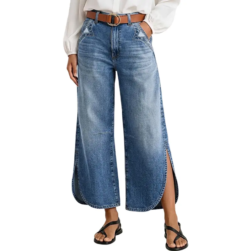 Flamingals Wash Stitch Detail Split Hem High Rise Wide Leg Crop Jeans Without Belt Stretchy 25.2'' Inseam