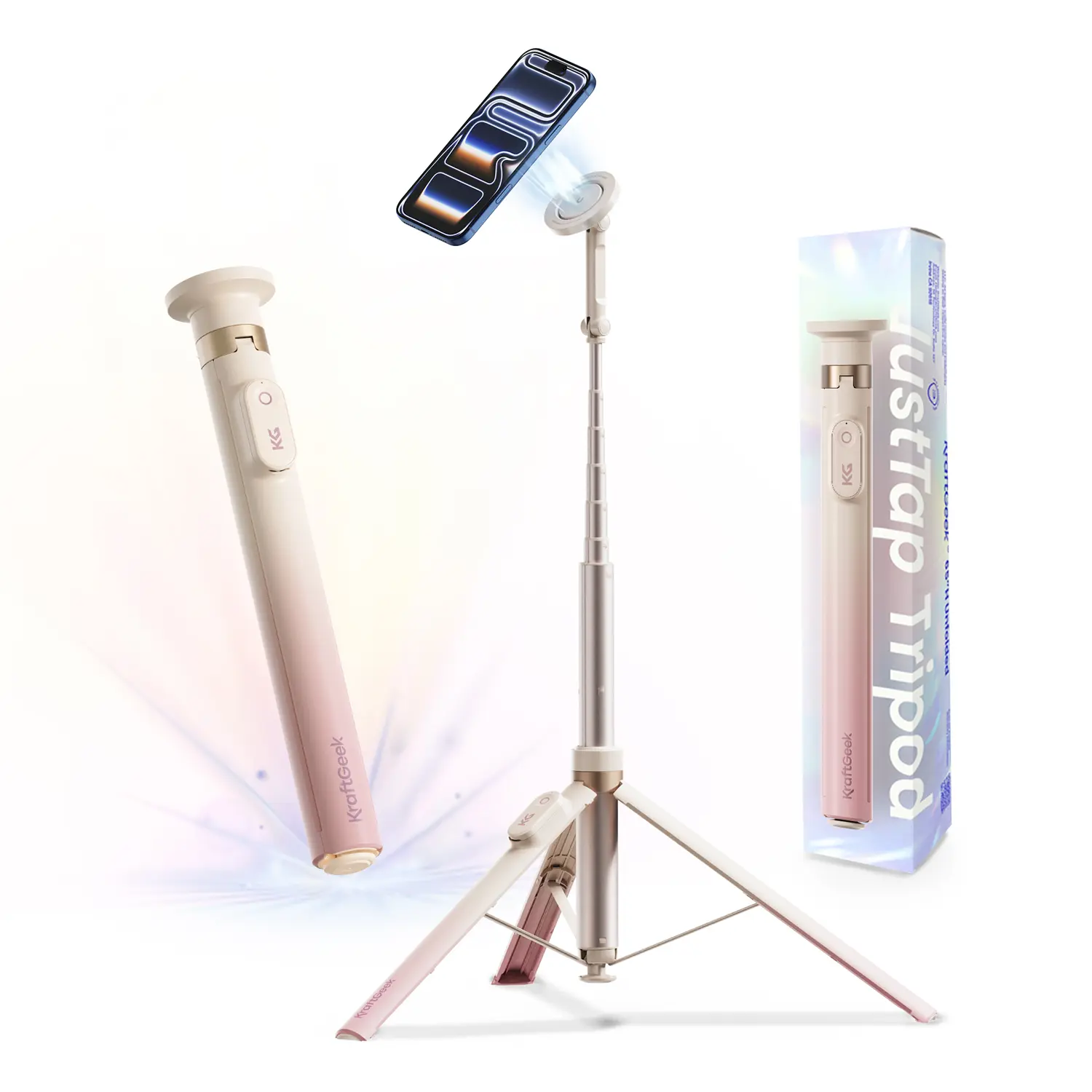 KraftGeek JustTap Ombré Peach 66-in Aluminium Cellphone Tripod Selfie Stick with Remote, Auto Open, Dual Axis Rotatable, Finger-Pinch-Free Design, MagSafe Compatibility (Tripod for iPhone 12-17, Pixel 10, MagSafe Cases & Metal Ring Mount Phones)