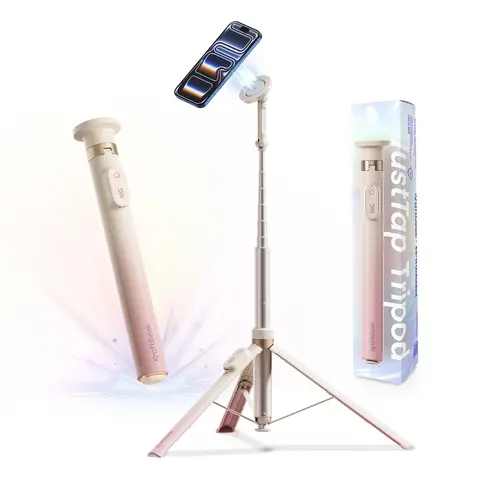 KraftGeek JustTap Ombré Peach 66-in Aluminium Cellphone Tripod Selfie Stick with Remote, Auto Open, Dual Axis Rotatable, Finger-Pinch-Free Design, MagSafe Compatibility (Tripod for iPhone 12-17, Pixel 10, MagSafe Cases & Metal Ring Mount Phones)