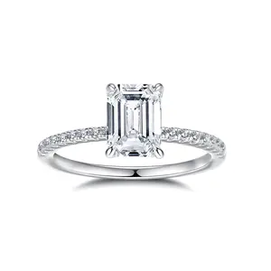 FanciMe 14K White Gold Plated Sterling Silver 3 Carat Emerald-Cut Moissanite Promise Engagement Ring For Women Couple, With Gifts Box