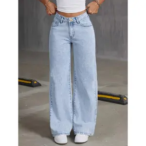 Classic High-Waisted Wide Leg Jeans - Women Jeans, Cotton Blend, Polyester, Viscose, Machine Washable, No Stretch, Solid Color, Four Seasons, Zipper Closure, Casual OutwearGift