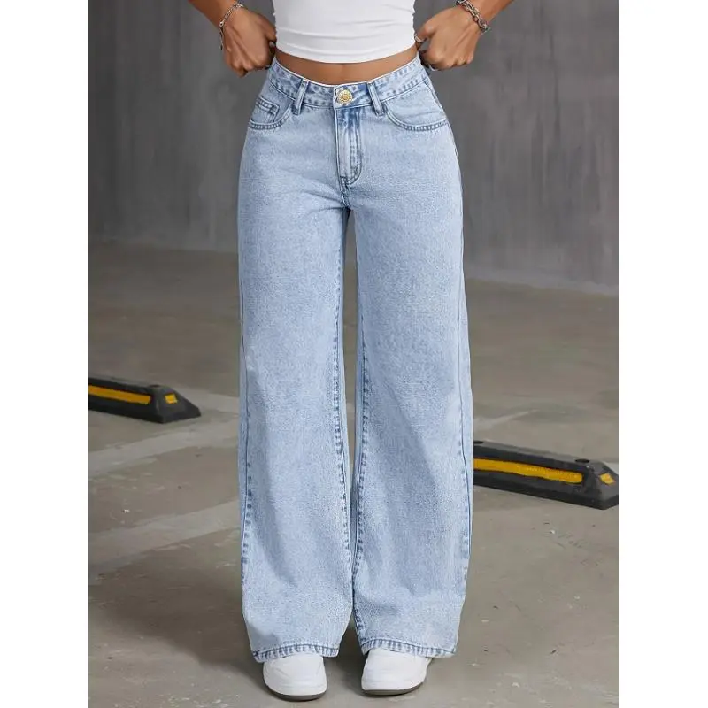 Classic High-Waisted Wide Leg Jeans - Women Jeans, Cotton Blend, Polyester, Viscose, Machine Washable, No Stretch, Solid Color, Four Seasons, Zipper Closure, Casual Outwear Can be used with raincoat