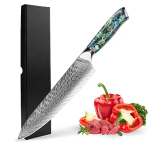 Professional Japanese 67-layer Damascus steel kitchen chef's knife, resin abalone shell handle, extremely sharp professional meat cutter, suitable for cutting vegetables, meat and fruits in home kitchens  Chef Knife with Finger Guard