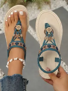 Women's Blue Bohemian Open Toe Flat Sandals, Summer Woven Bottom Vacation Shoes, Casual All Season Footwear