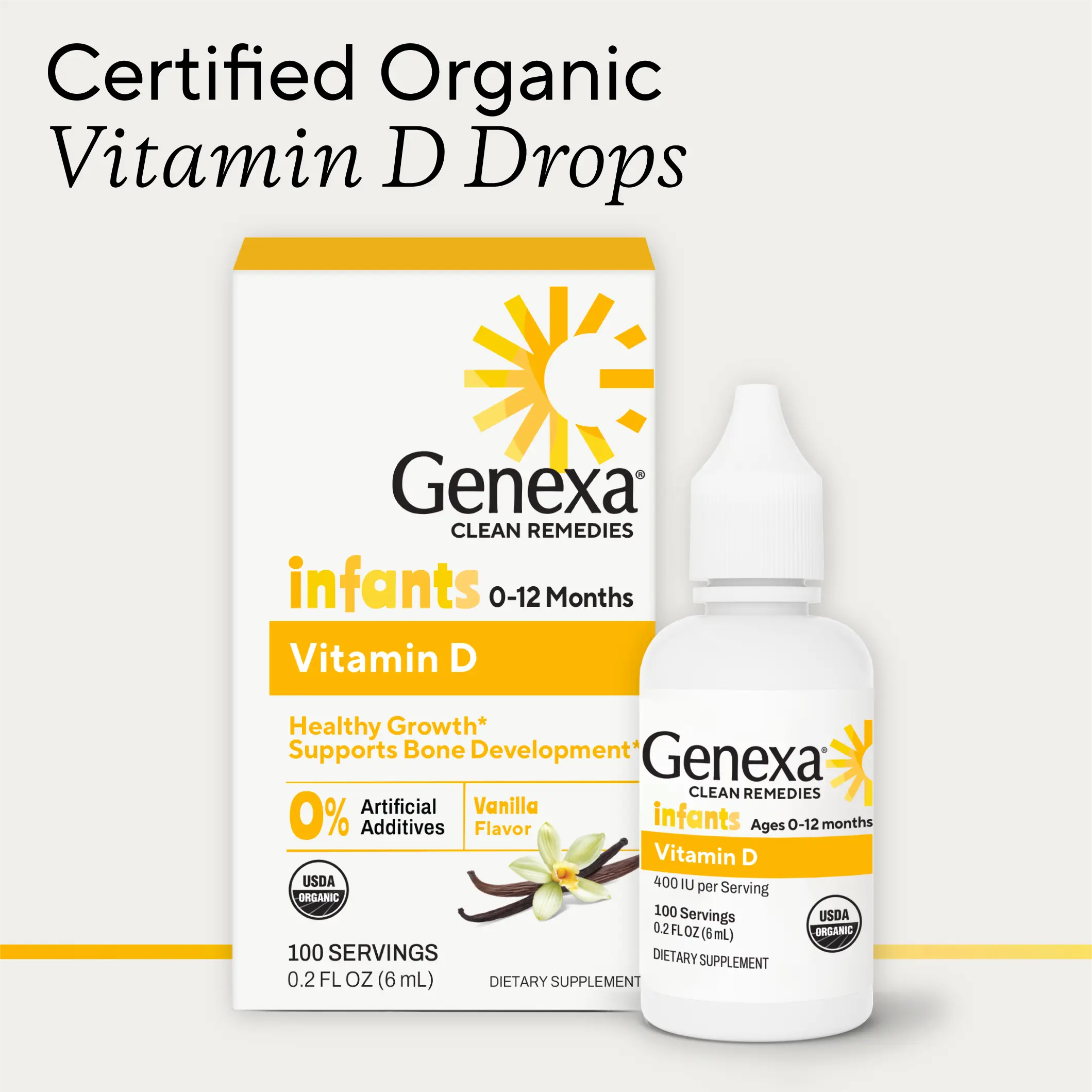 Genexa Infants Vitamin D Liquid Drops for Newborn, Baby & Toddler | Bone Development | Delicious Organic Vanilla Flavor | Certified Organic, Gluten Free, & Non-GMO