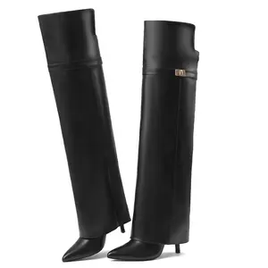 Pointed Toe Stiletto Heel Black Over-the-Knee Boot Pants Women's Sleek Faux Leather Footwear Gold Buckle Detail Wide Leg Shaft Design Bold Statement Street Style Party Boots Comfortable Daily Wear