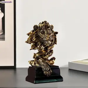 Golden Lion Figurine Resin Ornament Vintage Style Home Decor for Living Room Bogu Frame Display Retro Hanging Pendant Lucky Feng Shui Decor for Shelf Desk Office Housewarming Gift
