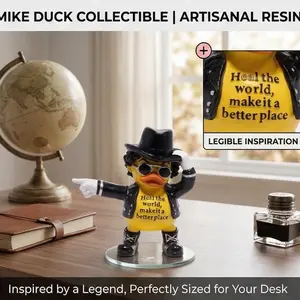 HODAO New Year's gift  Handmade Resin Duck Decor with Leather Jacket & Sunglasses Design "Heal the World" Slogan Vintage Desk Decor Gift