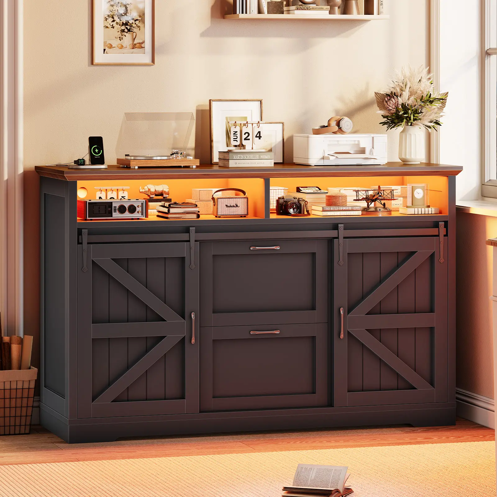 Sedeta 47.2" Rustic Farmhouse Wood/Metal 2-Drawer Filing Cabinet - Commercial Office Furniture with Sliding Barn Doors, Built-in Power Strip, LED Lighting, Printer Stand Storage, Assembly Required, Legal File Fit for Home Office