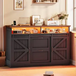 Sedeta 47.2" Farmhouse 2-Drawer Filing Cabinet - Office Furniture with Barn Door, Power Outlets, LED Lighting, Printer Stand Storage, Fits Legal/Letter/A4 Files for Home Office