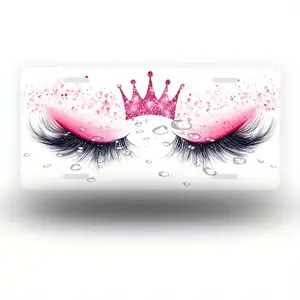 6x12 Inch Pink Eyelash and Crown Aluminum License Plate- Shiny Novelty Car Decoration, Durable Car Accessories for Men and Women, Fun 2D Design with Shiny Purple Eyelashes and Pink Crown, Cute Car Accessories
