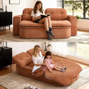 78" Foldable Kangaroo Sofa Bed, Chenille Deep Seat Foldable Backrest Convertible Parent-Child Sofa with Pillow, No Assembly Required Modern Frameless Compressed Sofa, Boxed, Floor Sofa Suitable for Living Room Use, Brown