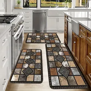 Classic Geometric Stone Floor Rug 2/3 Set Kitchen Mat Vintage Country Style Farmhouse Rug Soft Comfortable Easy to Clean for Bedroom Living Room Dining Room Kitchen Bathroom Entrance Laundry Room