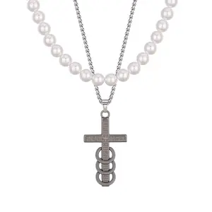 Unisex Layered Faux Pearl & Silver Cross Necklace, Engraved Scripture Triple Ring Drop Cross Pendant, Hypoallergenic Stainless Steel Chain, Men Women Christian Religious Jewelry for Daily Wear Baptism Church Gift