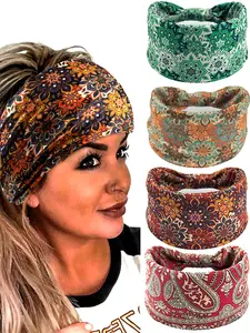 Boho Floral Print Sweatband Set, Elastic Sports Yoga Headbands, Wide Band Hair Tie for All Seasons, Sporty Style Accessories, Workout Headband