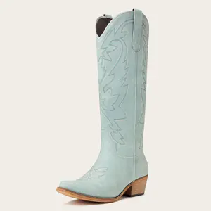 Vintage-Inspired Embroidered Cowgirl Boots for Women Blue Vegan Leather with Intricate Floral & Abstract Embroidery Classic Pointed Toe Design for Casual & Dressy Occasions Western Boots