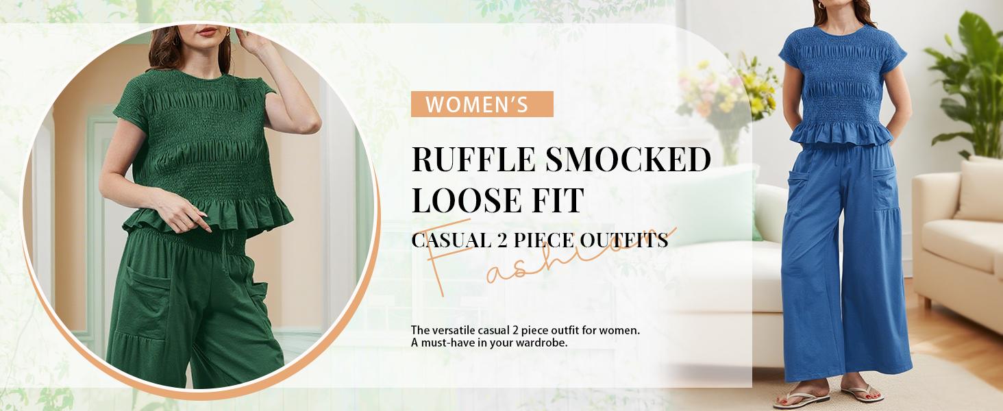 Mundoven Women's 2-piece smocked Top & Wide-leg pants Set-High waisted Lounge Outfit with Pockets Casual Boho Matching Set