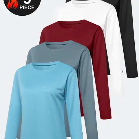 Women's 5-Pack Quick-Dry Fitted Crew Neck Long-Sleeve Fitness Workout Shirts - 5 Piece Set Activewear Workout Tops, Breathable Running/Hiking Sports Tops