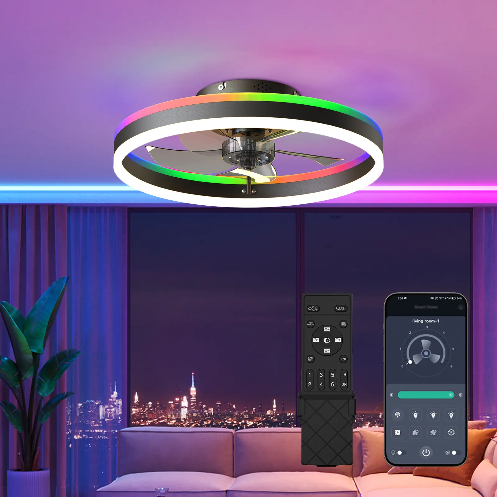 Ceiling Fan with Light 20 Inch Smart Flush Mount APP Remote Control 3 Color Dimmable LED 6 Speed Reversible Airflow for Bedroom Living Room