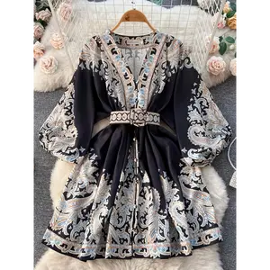 [Paisley Print Dress] Black & White Paisley Print V-Neck Retro Lantern Sleeve Dress | Women's Elegant A-Line Long Dress with Adjustable Waist Tie, All-Season Versatile for Casual & Formal Occasions, Structured Silhouette Collar Fabric Summer Fit