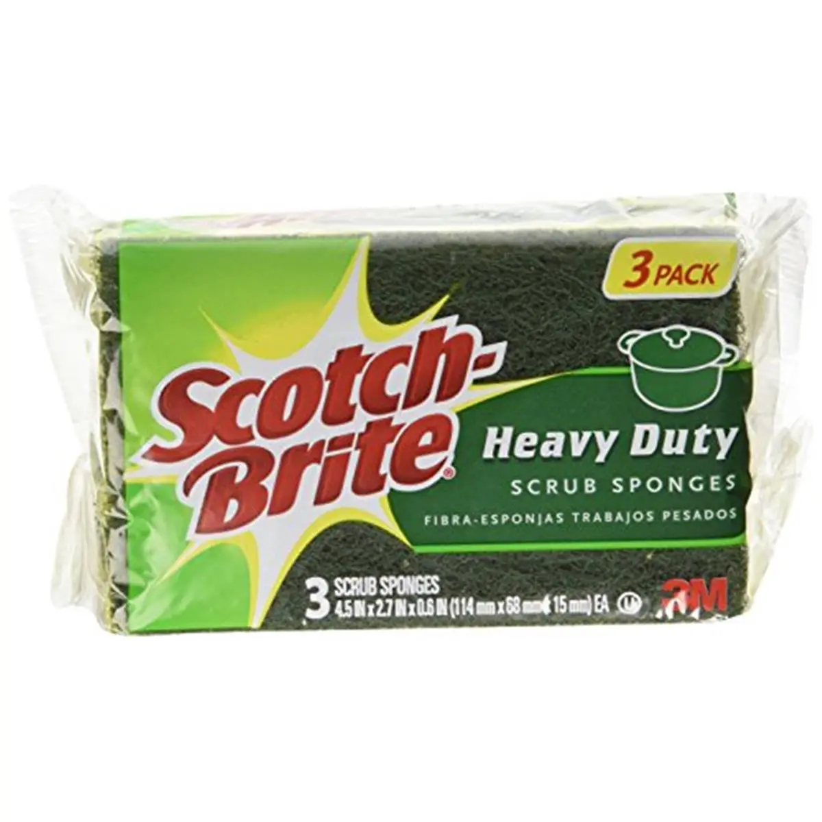 Merchandise  Scotch-Brite Heavy Duty Scrub Sponge, Yellow & Green, Absorbent, Absorbent Fibers, Dual-Sided Pad