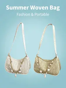 Summer Boho Straw Woven Hobo Bag with Pearl & Shell Chain - Lightweight Woven Shoulder Purse for Beach, Beaded Ballerina Bag,Daily & Vacation, Stylish Women’s Casual Handbag