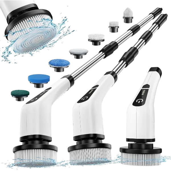 Electric Spin Scrubber, Cordless Bath Tub Power Scrubber with Long Handle & 7 Replaceable Heads, Detachable as Short Handle, Shower Cleaning Brush Household Tools for Bathroom & Tile Floor