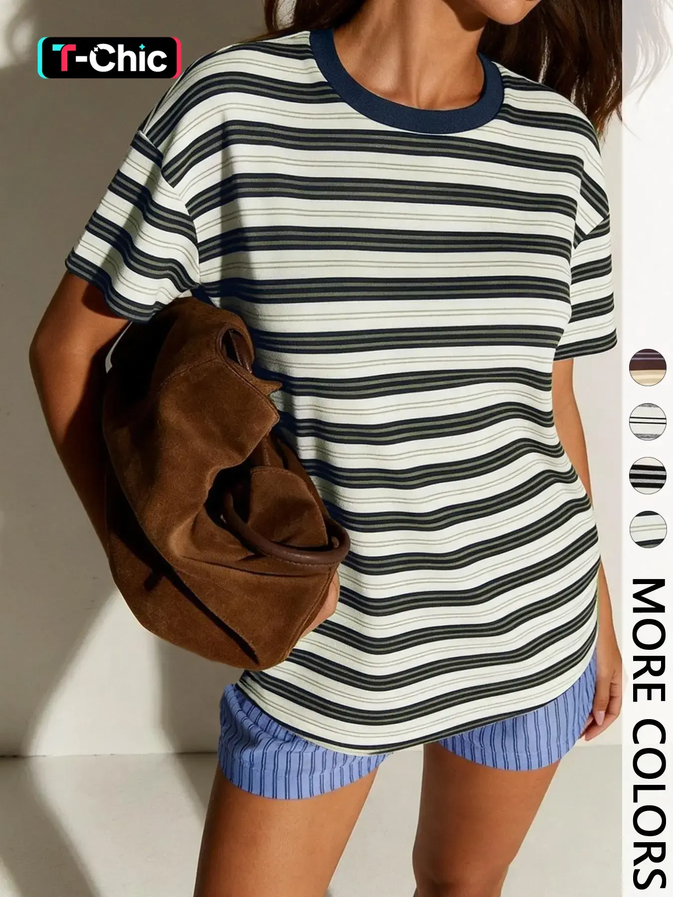 Striped Oversized Round Neck Short Summer Tee with Contrast Neckline, Effortlessly Cool Casual Chic Everyday Top Fit
