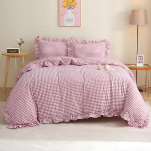 Vintage Pink/White Ruffle 3-Piece Duvet Cover Set Queen Size,Washed Cotton Shabby Gingham Checkered Bedding Set Farmhouse Comforter Set