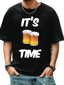 Men's Letter & Beer Print Round Neck Tee, Casual Short Sleeve T-shirt for Summer, Comfy Men's Top for Daily Wear