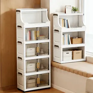 1/2/3/4 Tier White Stackable Storage Cabinet with Magnetic Doors & 360° Wheels – Foldable Modular Organizer with Open Top Shelf, Collapsible Rolling Cabinet for Bedroom, Living Room, Kitchen Pantry & Home Organization, Space-Saving Design